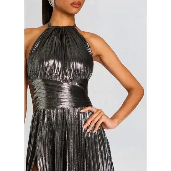 $798 Retrofete Reiss Dress Silver Lame Pleated Halter Cape Designer Dress XL